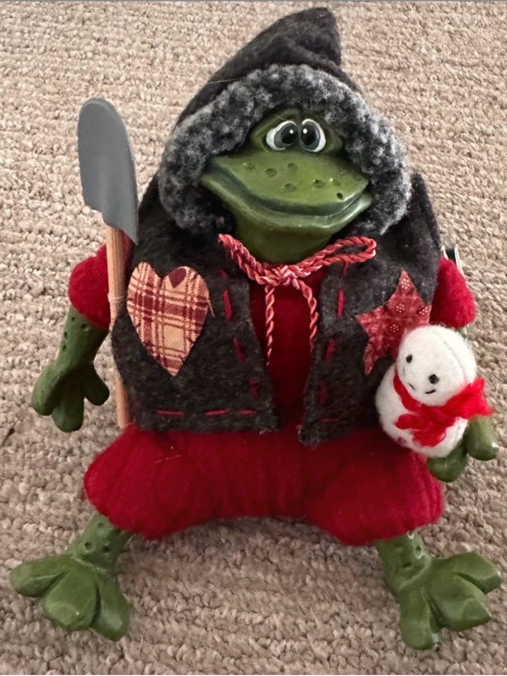 Russ Berrie Green Frog Figurine with Red Outfit and Gray Hood